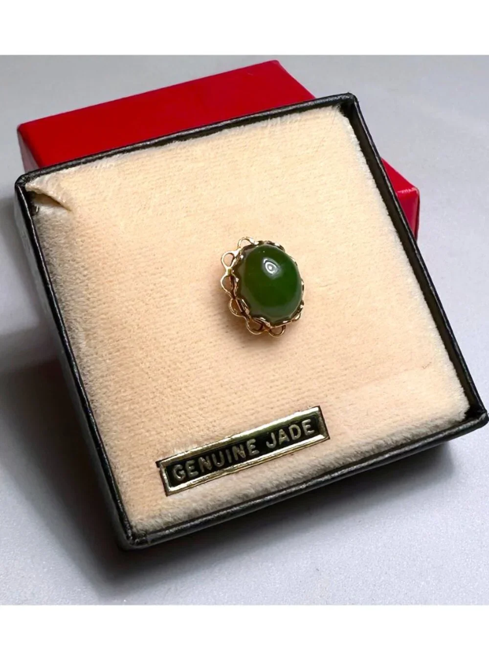 Vintage Genuine Jade Oval Cabochon Tie Tack Gold Tone Clutch Chain New in Box